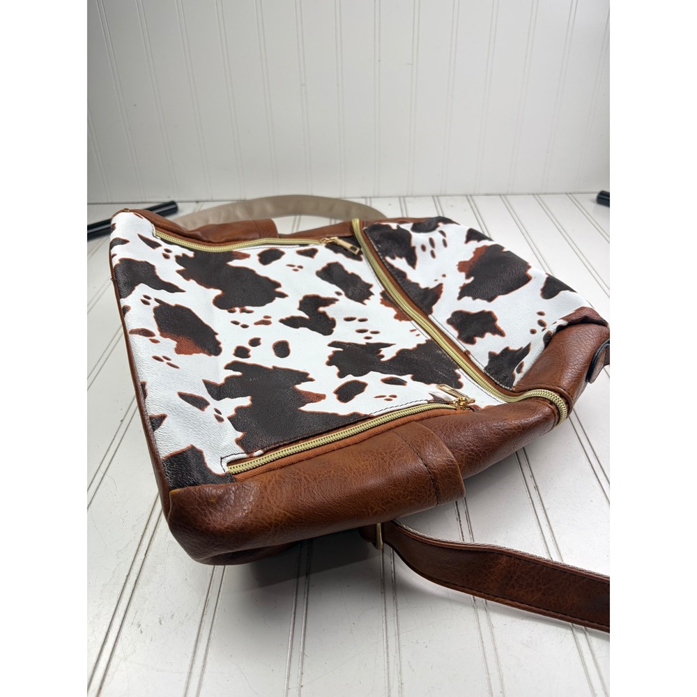 Vintage Y2K Cow Print Boho Western Brown White Faux Leather School Back Pack - Picture 13 of 13